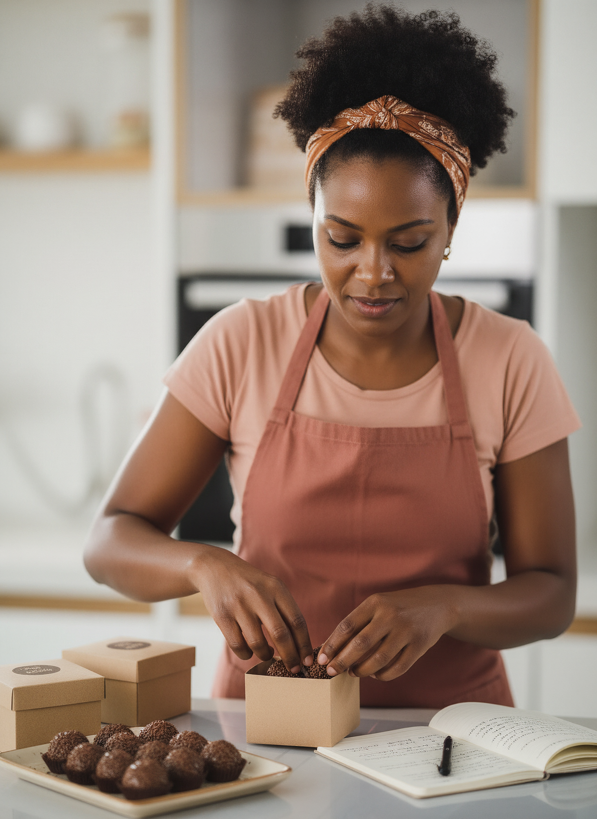 Empreendedora embalando brigadeiros em caixas de papel kraft na cozinha