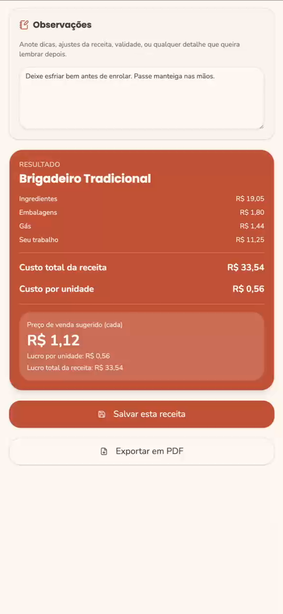 Resultado da receita no celular: custo total, custo por unidade e preço de venda sugerido