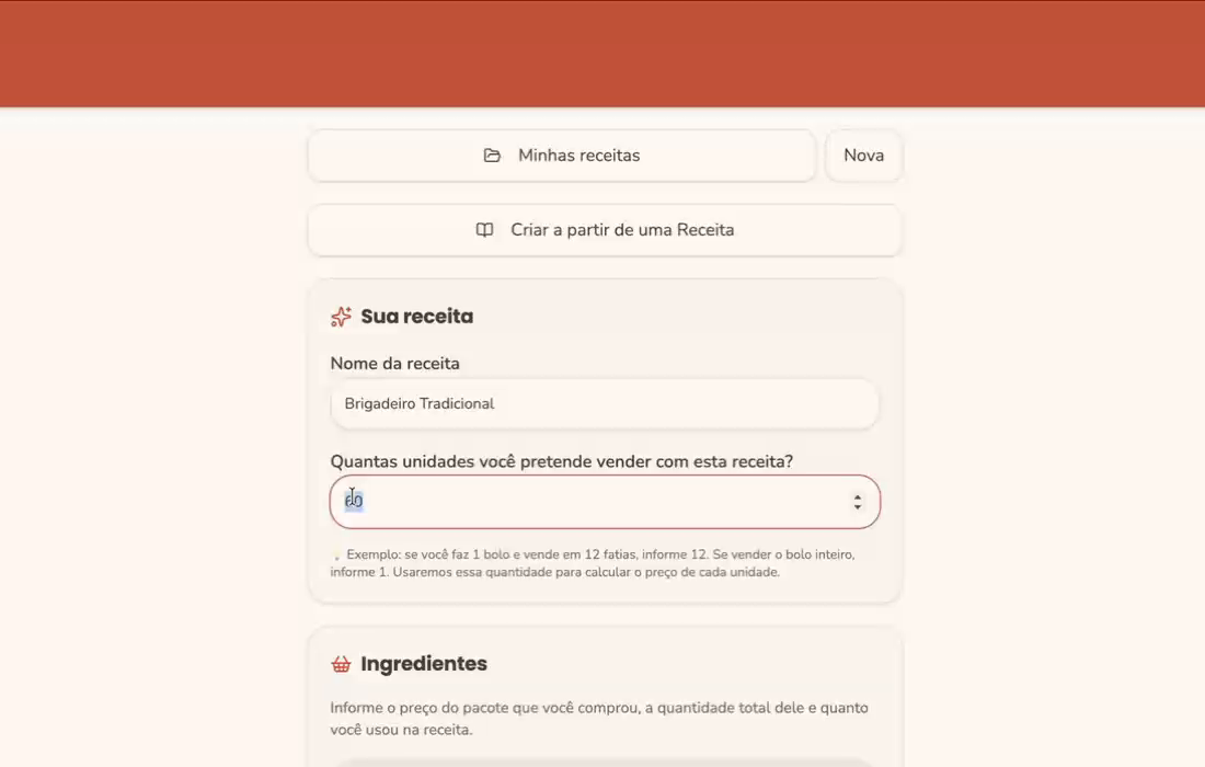 Tela da Receita de Lucro com o cadastro da receita: nome, rendimento e os ingredientes com preço pago e quantidade usada